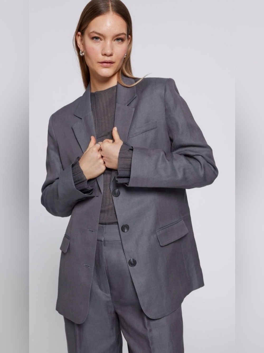 & Other Stories Relaxed Single-Breasted Blazer Grey Silk Linen Size 6 NWT